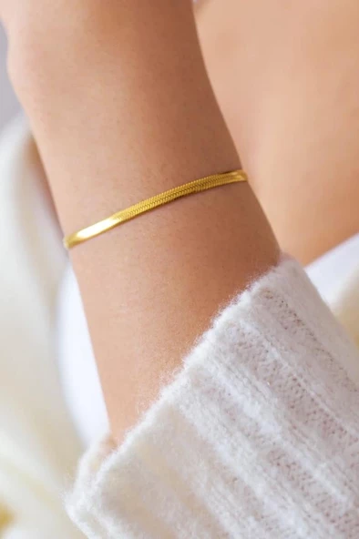 Kadın 316 L Kararmaz ve Paslanmaz Çelik Anti Alerjenik Gold Renk İtalyan Zincir Bileklik ürün görseli