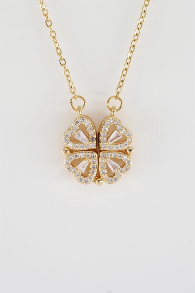 Kadın 316L Paslanmaz Çelik 40 cm Şekil Değiştirebilen Yonca ve Kalp Figürlü Baget Zirkon Taşlı Kolye ürün görseli