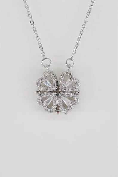 Kadın 316L Paslanmaz Çelik 40 cm Şekil Değiştirebilen Yonca ve Kalp Figürlü Baget Zirkon Taşlı Kolye ürün görseli