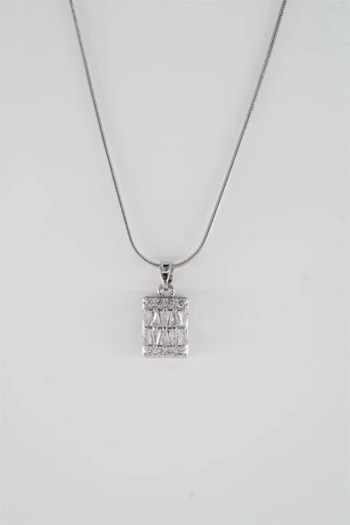 Kadın 316L Paslanmaz Çelik Yılan Zincirli 40 cm Baget Zirkon Taşlı Kolye - Resim 3