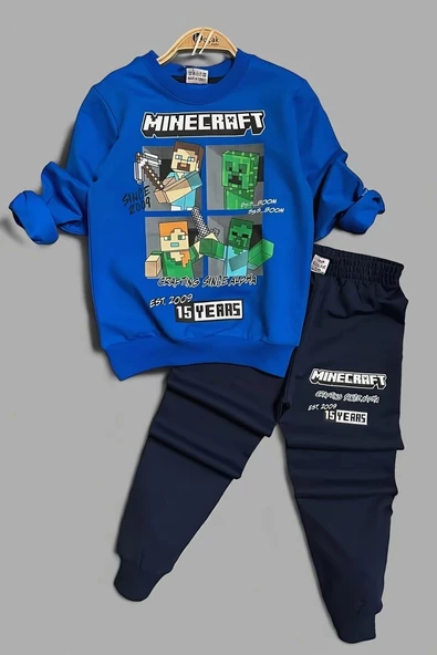 Minecraft Desenli Mavi Renk Erkek Çocuk Eşofman Takım