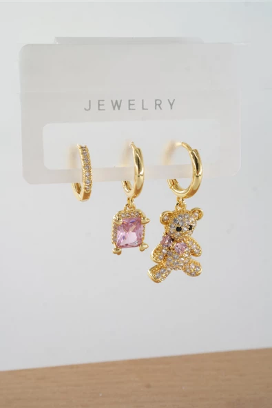 Kadın Vip Seri Baget Zirkon Taşlı Karışık Figürlü 3'lü Küpe  zrk00552 - Resim 2