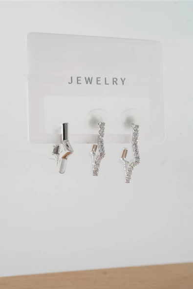 Kadın Vip Seri Baget Zirkon Taşlı Karışık Figürlü 3'lü Küpe  zrk00550 - Resim 2