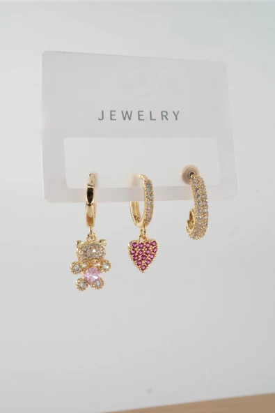 Kadın Vip Seri Baget Zirkon Taşlı Karışık Figürlü 3'lü Küpe  zrk00571 - Resim 2