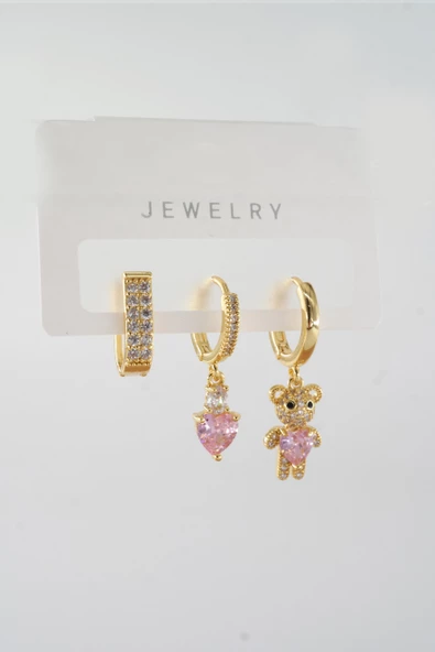 Kadın Vip Seri Baget Zirkon Taşlı Karışık Figürlü 3'lü Küpe  zrk00568 - Resim 2