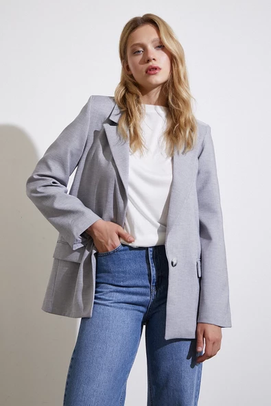 Tek Düğmeli Blazer Ceket Gri - 4