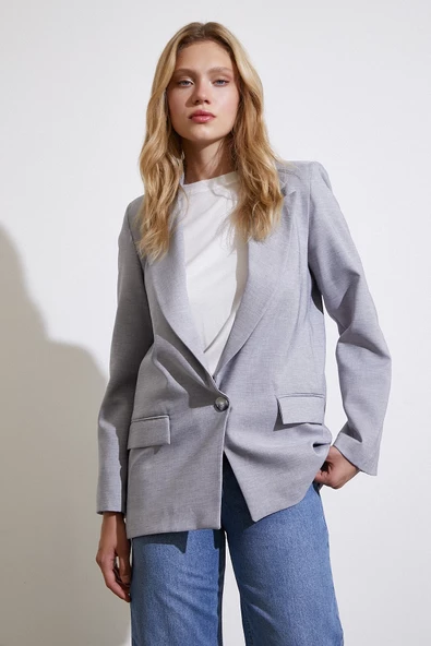 Tek Düğmeli Blazer Ceket Gri - 3