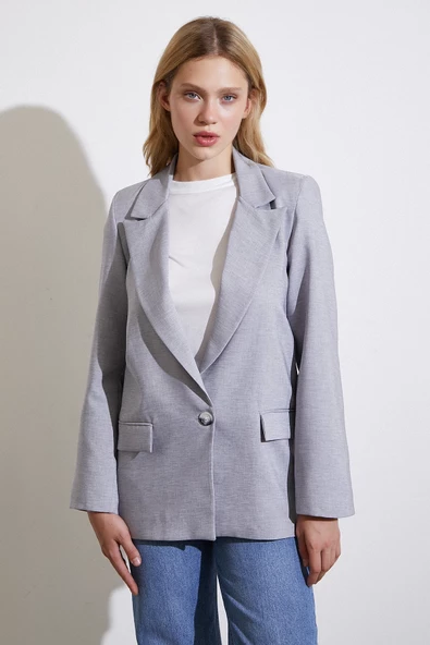 Tek Düğmeli Blazer Ceket Gri - 5