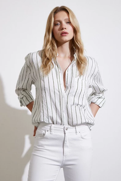 Çizgili Cepli Gömlek Yeşil - 4