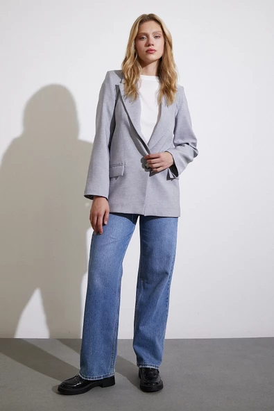 Tek Düğmeli Blazer Ceket Gri - 2