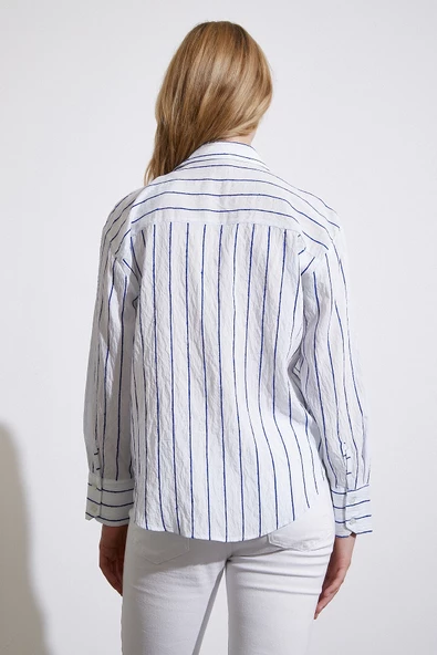 Çizgili Cepli Gömlek Lacivert - Resim 3