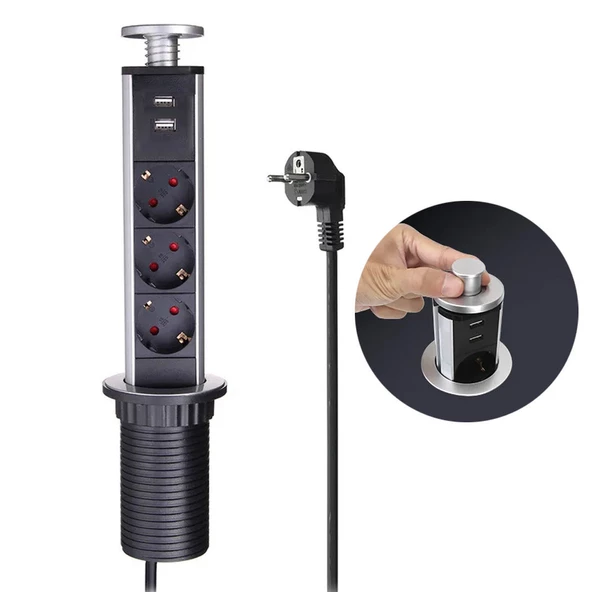 Üçlü 1.5 Metre Kablolu İki Usb li 60mm Masaüstü Priz 24062