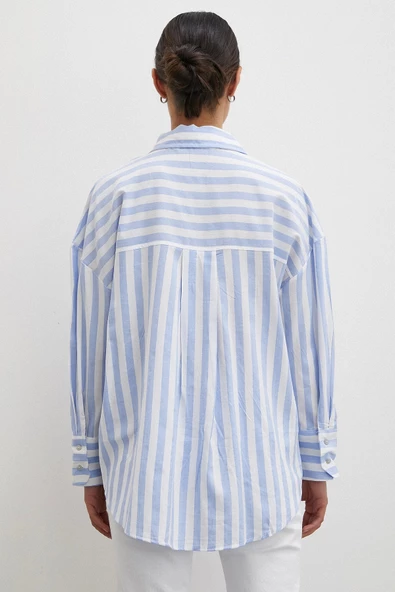 Oversize Cepli Keten Gömlek Mavi - Resim 4