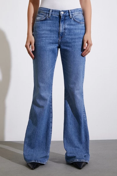 Yüksek Bel Geniş İspanyol Paça Jean Mavi - 2