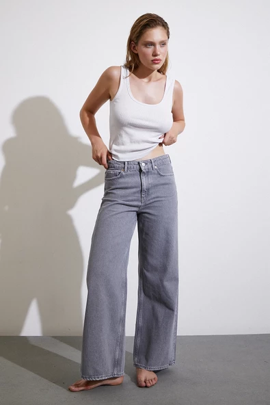Yüksek Bel Wide Leg Jean Füme - 2