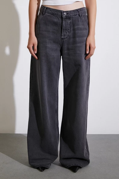 Yüksel Bel Geniş Paça Jean Füme - Resim 4