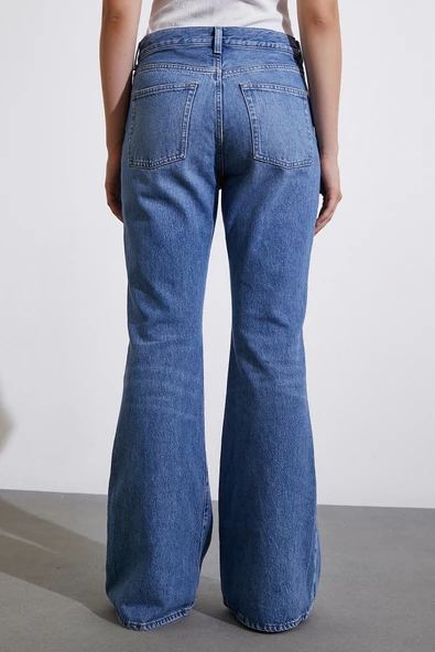 Yüksek Bel Geniş İspanyol Paça Jean Mavi - 5