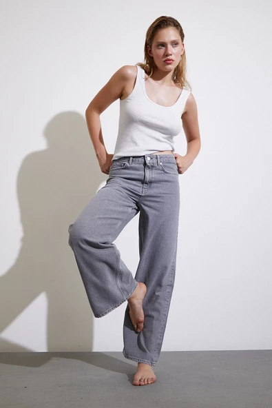 Yüksek Bel Wide Leg Jean Füme - 3