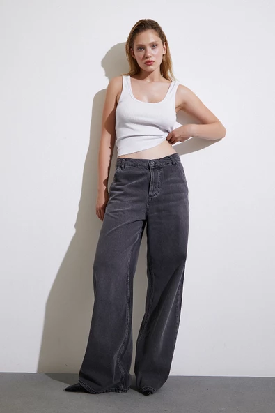 Yüksel Bel Geniş Paça Jean Füme - Resim 2