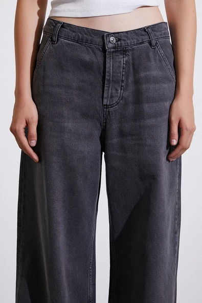 Yüksel Bel Geniş Paça Jean Füme - Resim 5