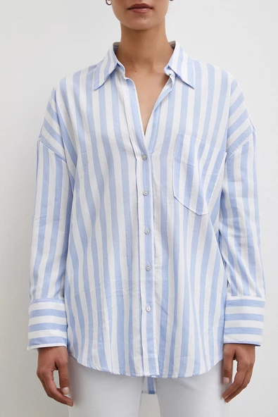 Oversize Cepli Keten Gömlek Mavi - Resim 2