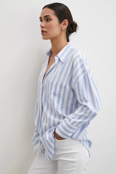 Oversize Cepli Keten Gömlek Mavi - Resim 6