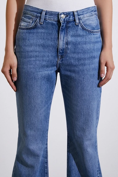 Yüksek Bel Geniş İspanyol Paça Jean Mavi - 4