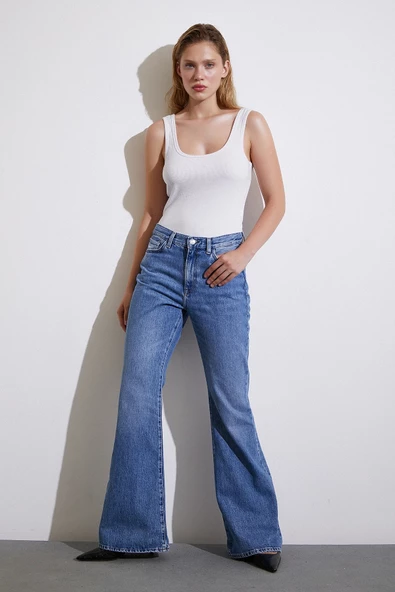 Yüksek Bel Geniş İspanyol Paça Jean Mavi - 3