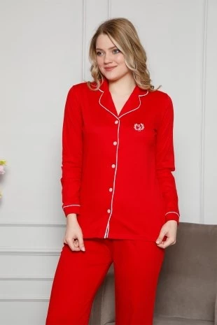 Kadın Beyaz Biyeli Gömlek Yaka Önden Düğmeli Cepli Uzun Kol Mevsimlik Pamuk Likra Pijama Takım - 3