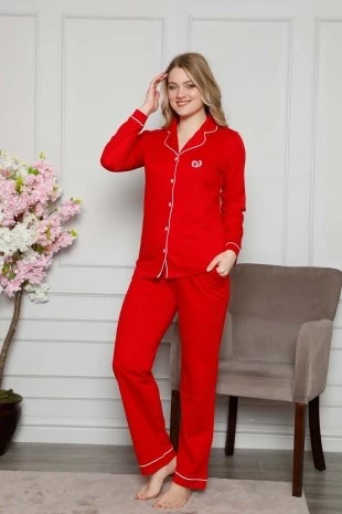 Kadın Beyaz Biyeli Gömlek Yaka Önden Düğmeli Cepli Uzun Kol Mevsimlik Pamuk Likra Pijama Takım - 4