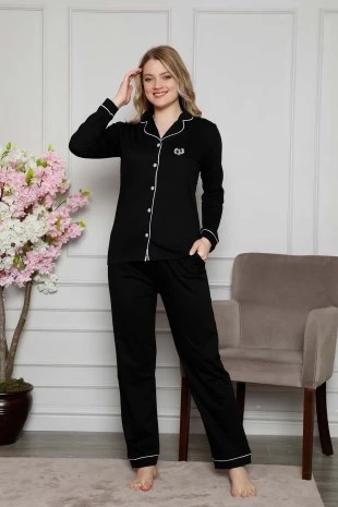 Kadın Beyaz Biyeli Gömlek Yaka Önden Düğmeli Cepli Uzun Kol Mevsimlik Pamuk Likra Pijama Takım - 9