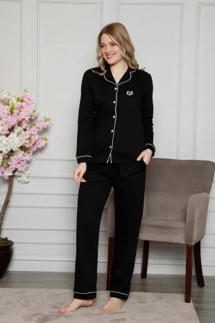 Kadın Beyaz Biyeli Gömlek Yaka Önden Düğmeli Cepli Uzun Kol Mevsimlik Pamuk Likra Pijama Takım - 11