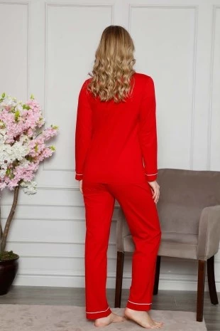 Kadın Beyaz Biyeli Gömlek Yaka Önden Düğmeli Cepli Uzun Kol Mevsimlik Pamuk Likra Pijama Takım - 2