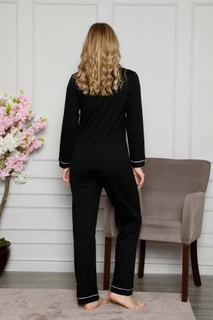 Kadın Beyaz Biyeli Gömlek Yaka Önden Düğmeli Cepli Uzun Kol Mevsimlik Pamuk Likra Pijama Takım - 7