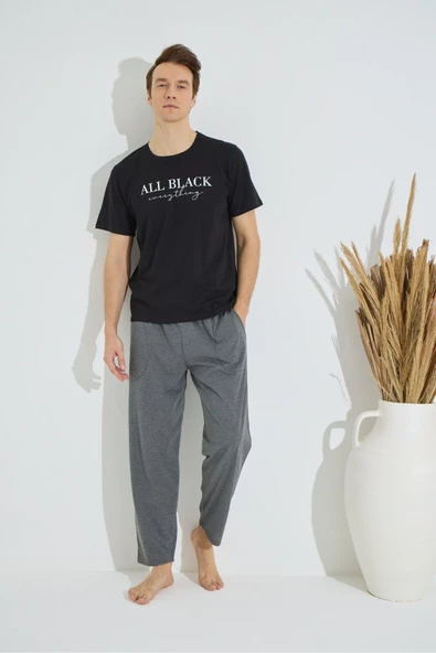 Erkek Mavi Bisiklet Yaka Kısa Kol Yuvarlak Yaka Cepli Yazlık Pamuklu Pijama Takımı - 4