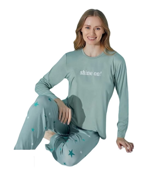 Kadın Yuvarlak Yaka Düğmesiz Mevsimlik Uzun Kol Pijama Takımı - 3