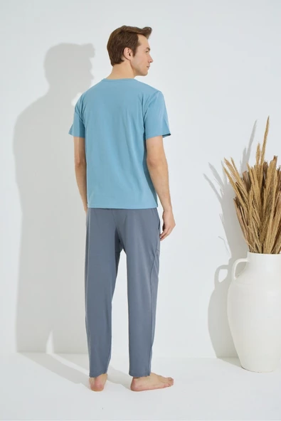 Erkek Mavi Bisiklet Yaka Kısa Kol Yuvarlak Yaka Cepli Yazlık Pamuklu Pijama Takımı - 7