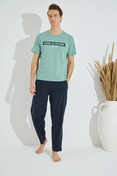 Erkek Mavi Bisiklet Yaka Kısa Kol Yuvarlak Yaka Cepli Yazlık Pamuklu Pijama Takımı - 10