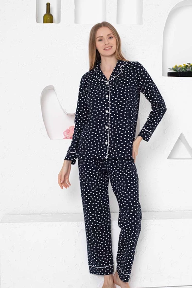 Kadın Kalpli Önden Düğmeli Gömlek Yaka Uzun Kol Mevsimlik Pamuk Likra Cepli Pijama Takımı - 10
