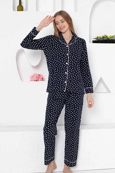 Kadın Kalpli Önden Düğmeli Gömlek Yaka Uzun Kol Mevsimlik Pamuk Likra Cepli Pijama Takımı - 8