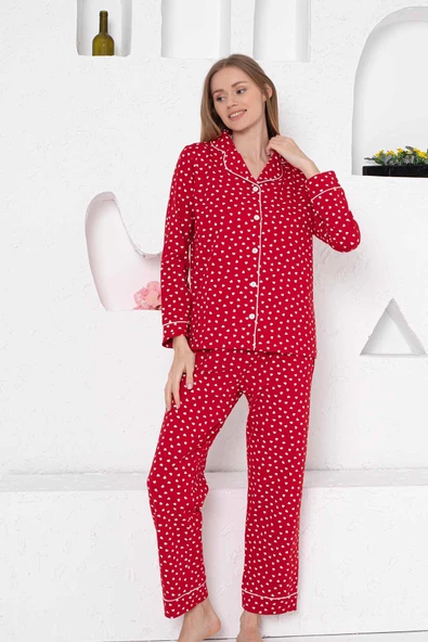 Kadın Kalpli Önden Düğmeli Gömlek Yaka Uzun Kol Mevsimlik Pamuk Likra Cepli Pijama Takımı - 3