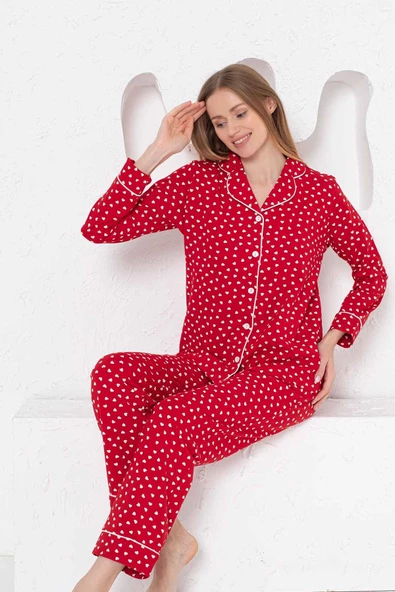 Kadın Kalpli Önden Düğmeli Gömlek Yaka Uzun Kol Mevsimlik Pamuk Likra Cepli Pijama Takımı - 5