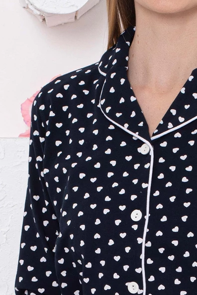 Kadın Kalpli Önden Düğmeli Gömlek Yaka Uzun Kol Mevsimlik Pamuk Likra Cepli Pijama Takımı - 9