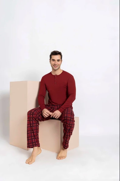 Çift Sevgili Eş Kombini Bordo Ekose Desen Modal Uzun Kol Pijama Takımı-Tek Ürün Fiyatı- - 3