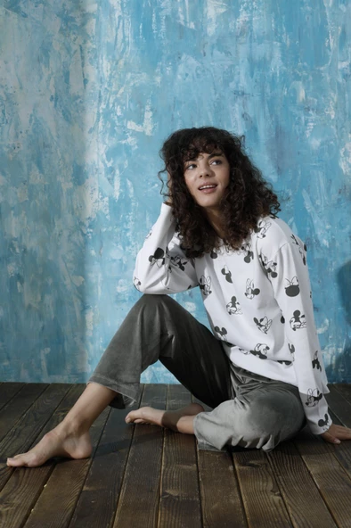 Kadın Bisiklet Yaka Düşük Omuz İnterlok Pamuklu Üst Kadife Alt Kışlık Pijama Eşofman Takım - 6