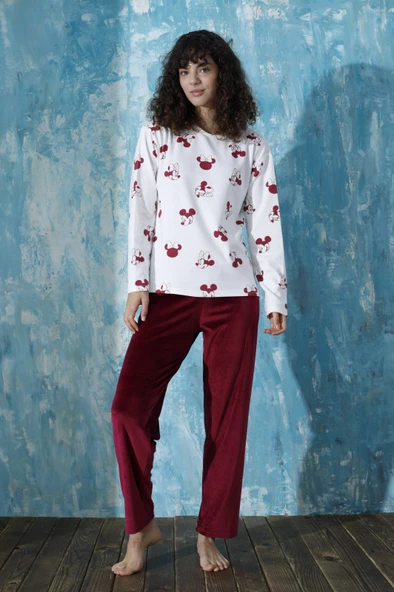 Kadın Bisiklet Yaka Düşük Omuz İnterlok Pamuklu Üst Kadife Alt Kışlık Pijama Eşofman Takım - 2