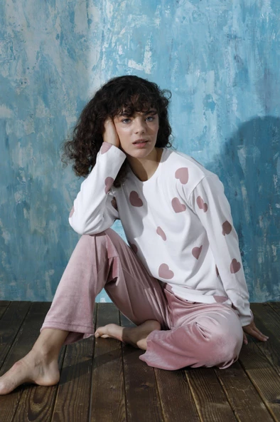 Kadın Bisiklet Yaka Düşük Omuz İnterlok Pamuklu Üst Kadife Alt Kışlık Pijama Eşofman Takım - 8