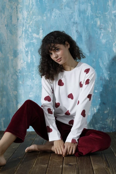 Kadın Bisiklet Yaka Düşük Omuz İnterlok Pamuklu Üst Kadife Alt Kışlık Pijama Eşofman Takım - 5