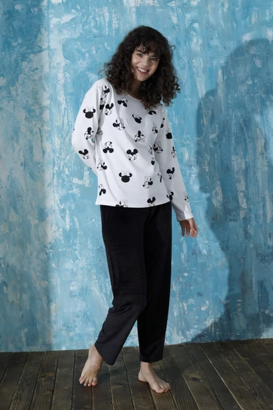 Kadın Bisiklet Yaka Düşük Omuz İnterlok Pamuklu Üst Kadife Alt Kışlık Pijama Eşofman Takım - 12