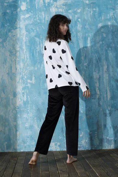 Kadın Bisiklet Yaka Düşük Omuz İnterlok Pamuklu Üst Kadife Alt Kışlık Pijama Eşofman Takım - 9